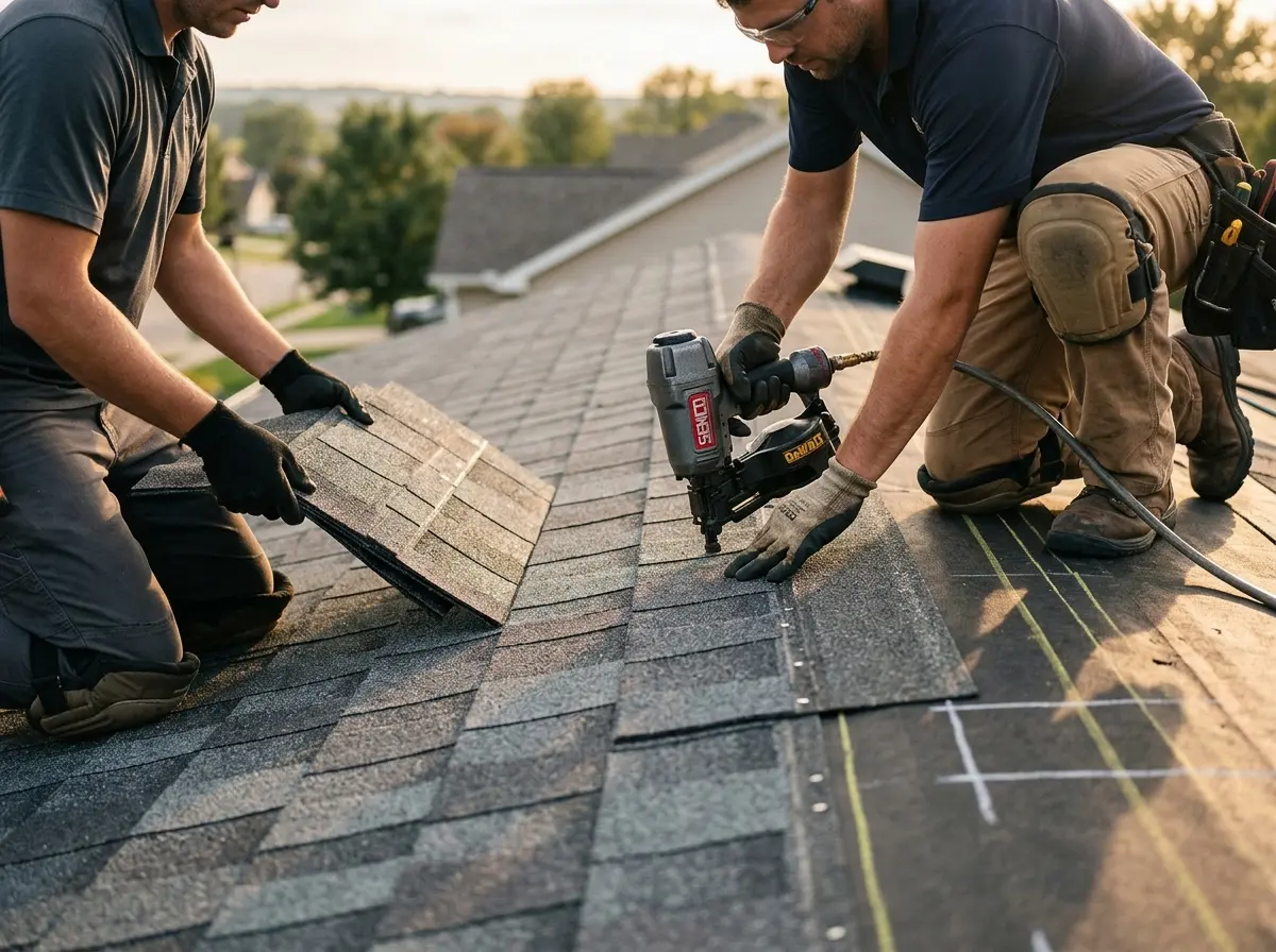 Professional roofer working on a residential roof in Telford